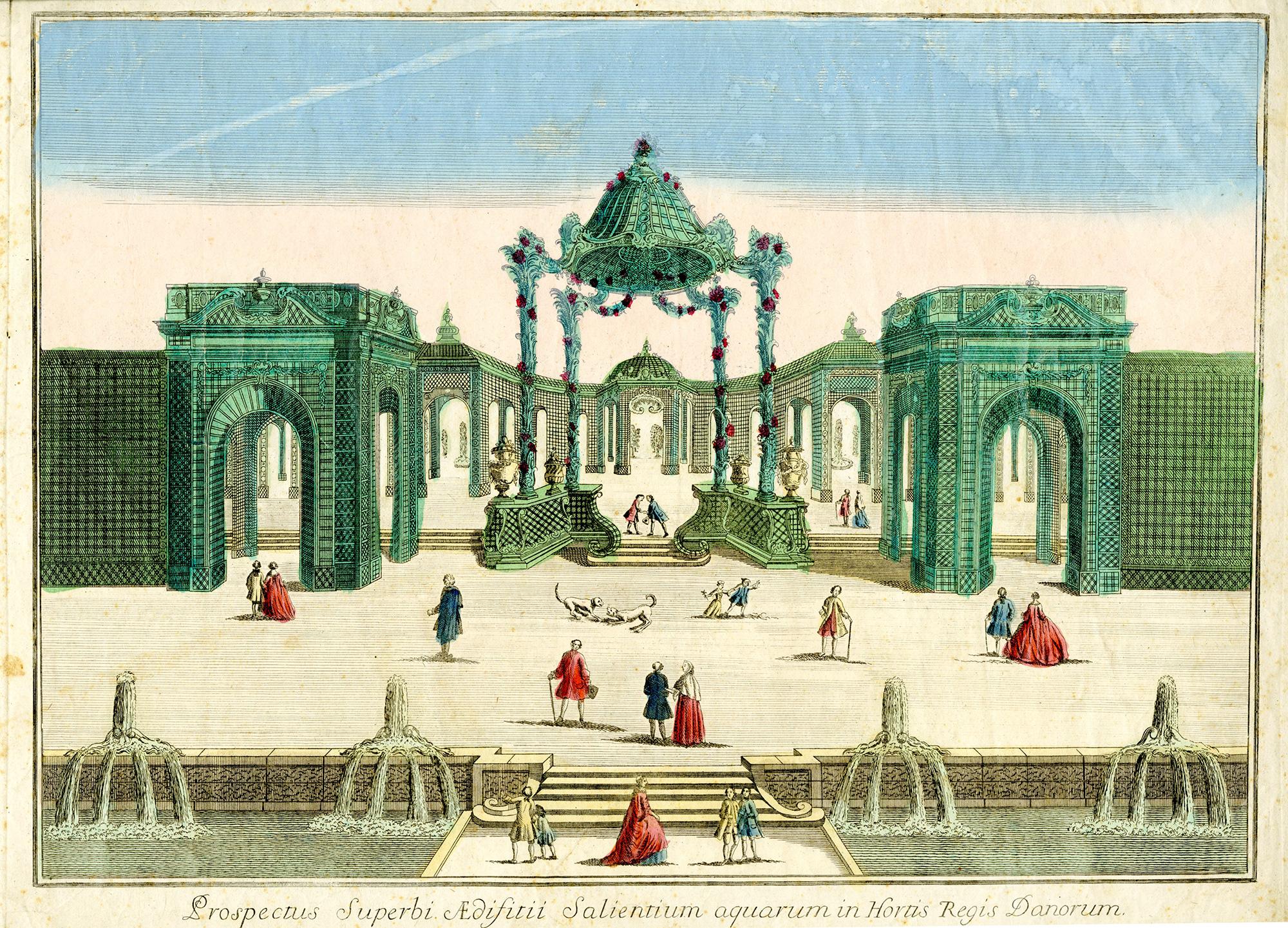 A Collection of French 18th century Optical hand coloured Engravings of Royal Gardens, Palaces, and Churches, including two impressions of Prospectus Superbi Aedifitii Salientium aquarum in Hortis Regis Danorum, circa 1740, Prospectus Horti