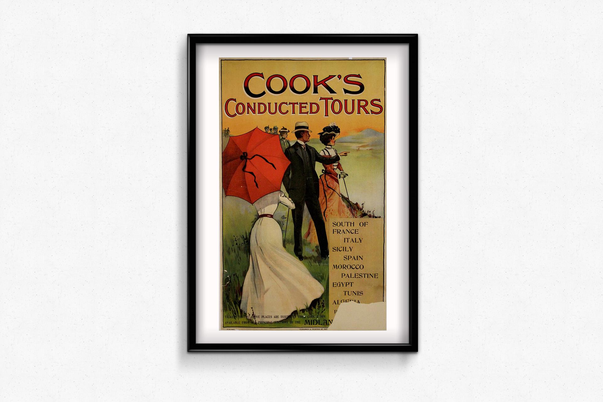 Este elegante y muy coleccionable cartel original de 1902 anuncia Cook's Conducted Tours, el pionero servicio de viajes combinados creado por Thomas Cook & Son, la empresa que revolucionó el turismo moderno.

Representada con bellos colores suaves y