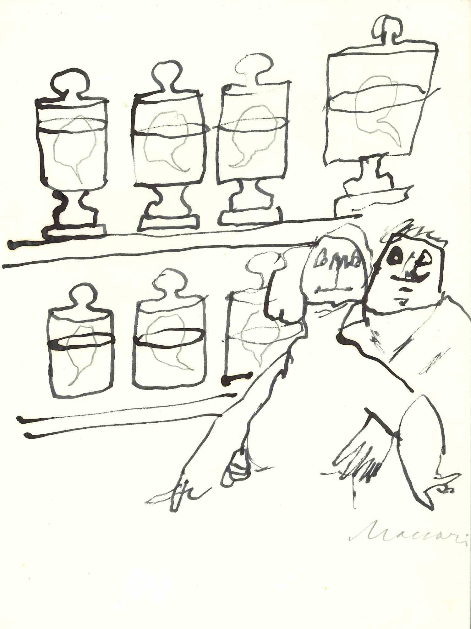 Elixir of Love – Zeichnung auf Papier von Mino Maccari – 1970er Jahre