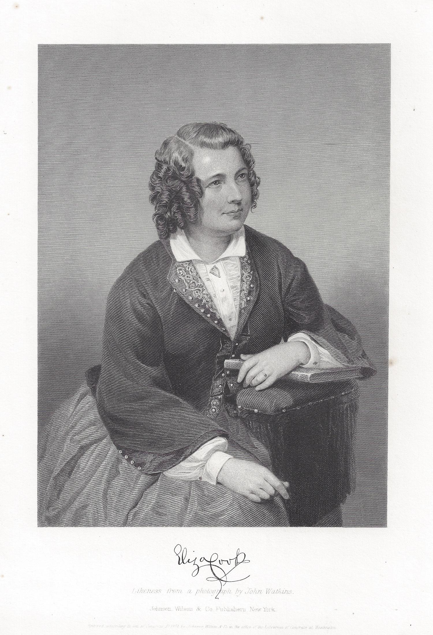 Unknown Portrait Print - Eliza Cook, English author and Chartist poet, antique portrait engraving print
