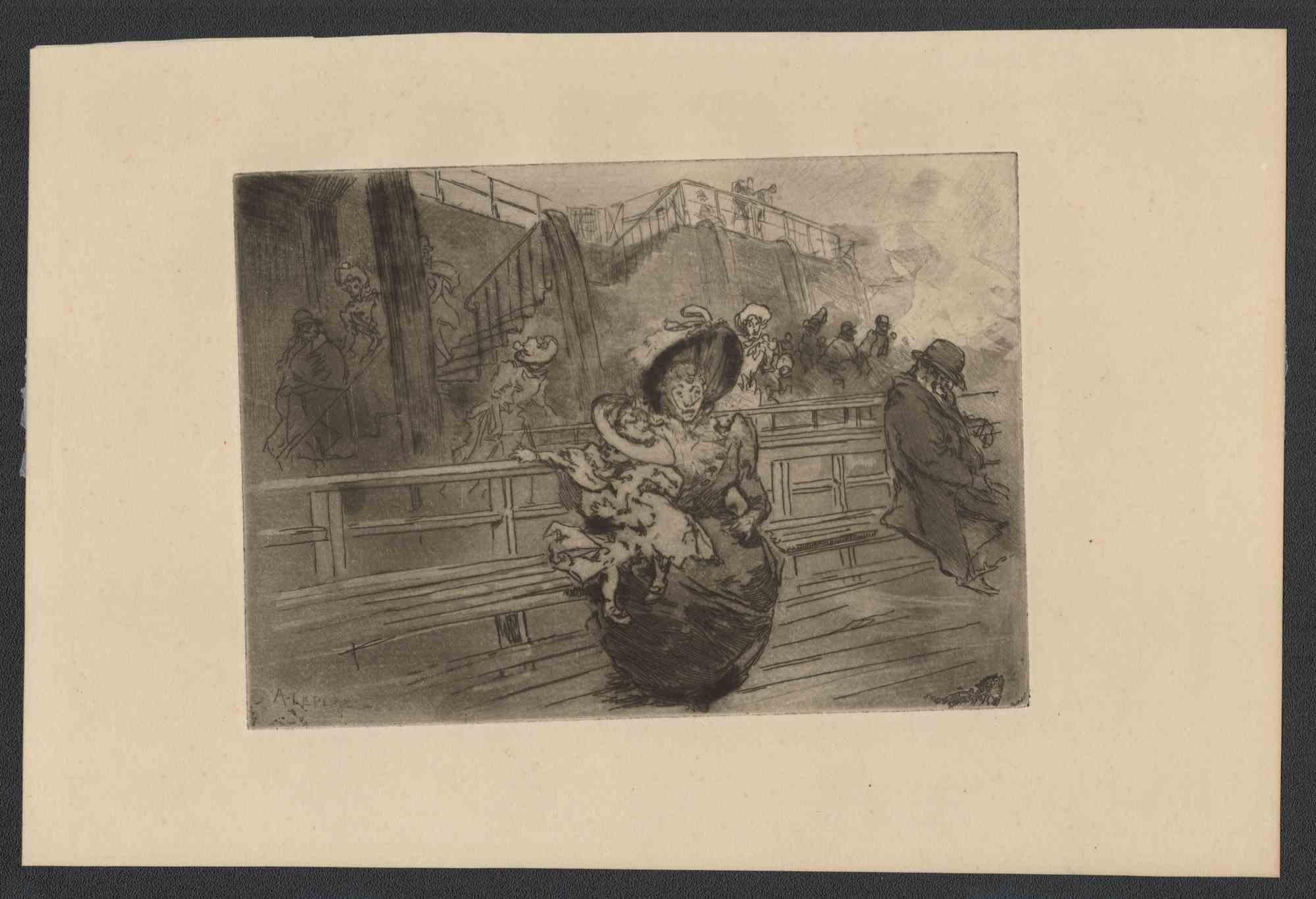 Unknown Figurative Print - Embarking - Etching and Dry point - 19th Century