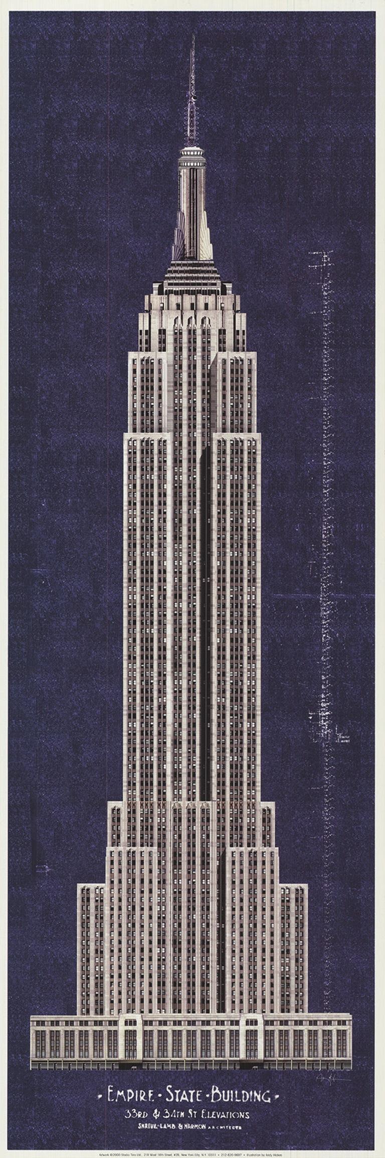 Andy Hickes’ depiction of the Empire State Building captures the iconic skyscraper in a modern, stylized manner. Known for his vibrant and graphic approach, Hickes emphasizes bold lines, sharp contrasts, and a dynamic composition that highlights the
