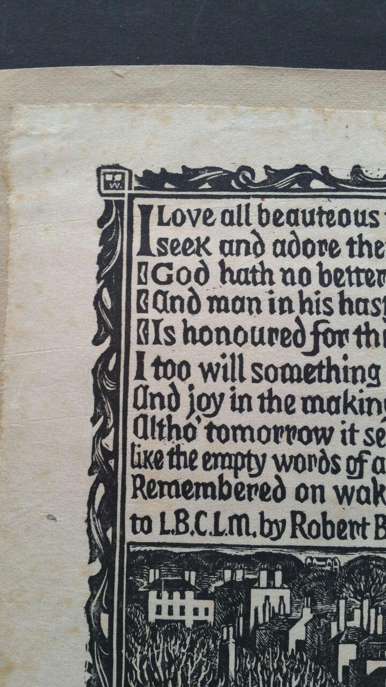 English Antique Woodcut Engraving, of Prose by Robert Bridges For Sale 1