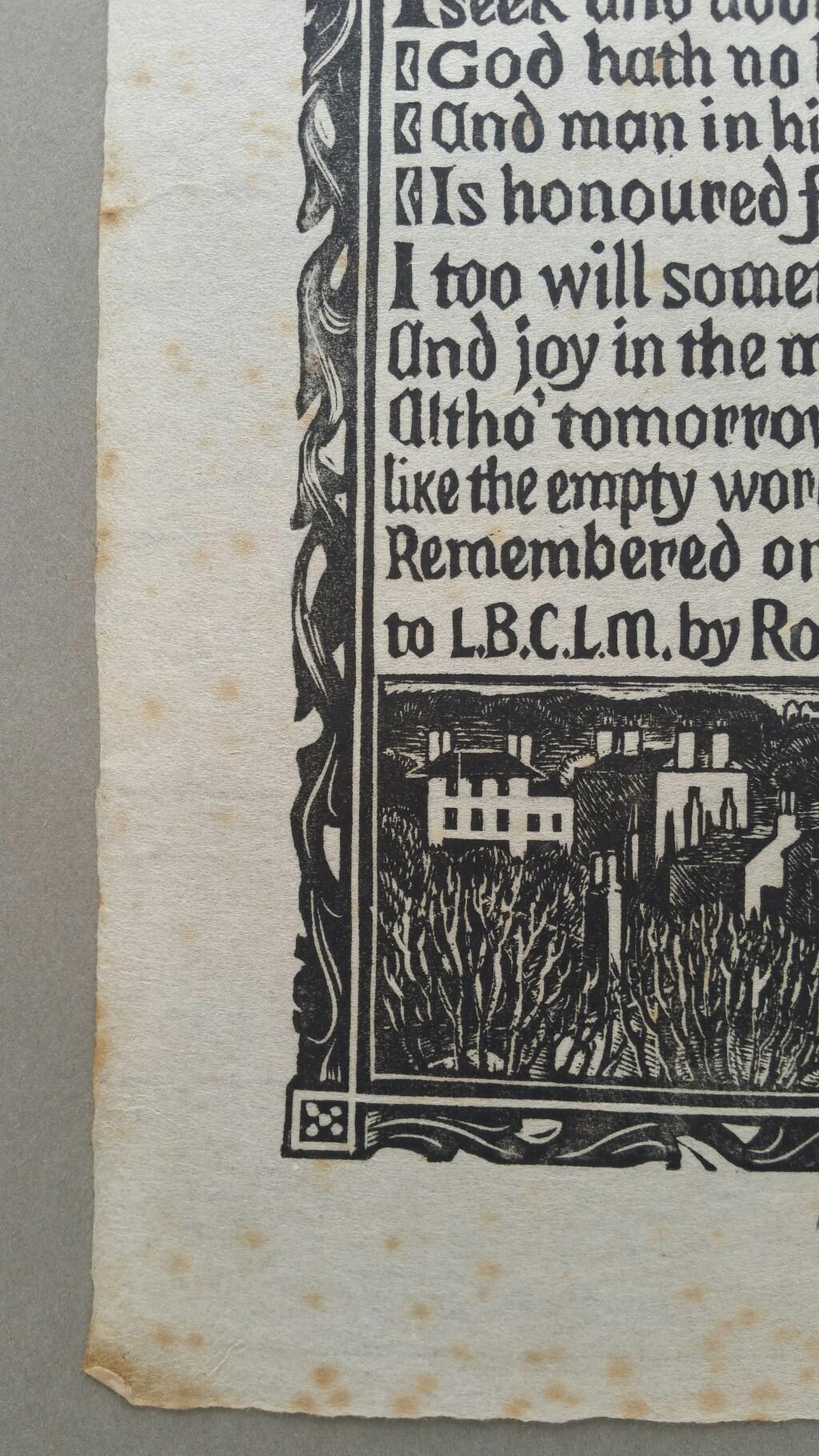 Grabado xilográfico antiguo inglés, firmado, de la prosa de Robert Bridges - Print Moderno de Unknown