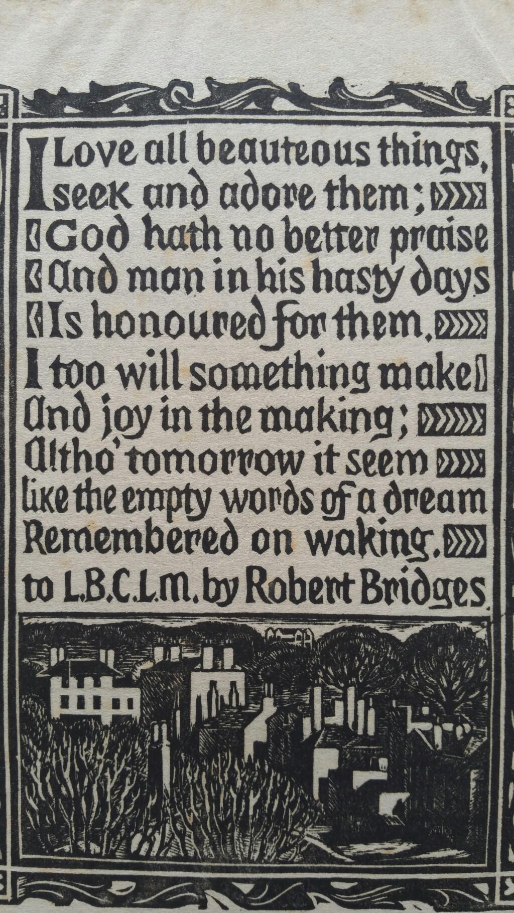 Grabado xilográfico antiguo inglés, firmado, de la prosa de Robert Bridges en venta 1