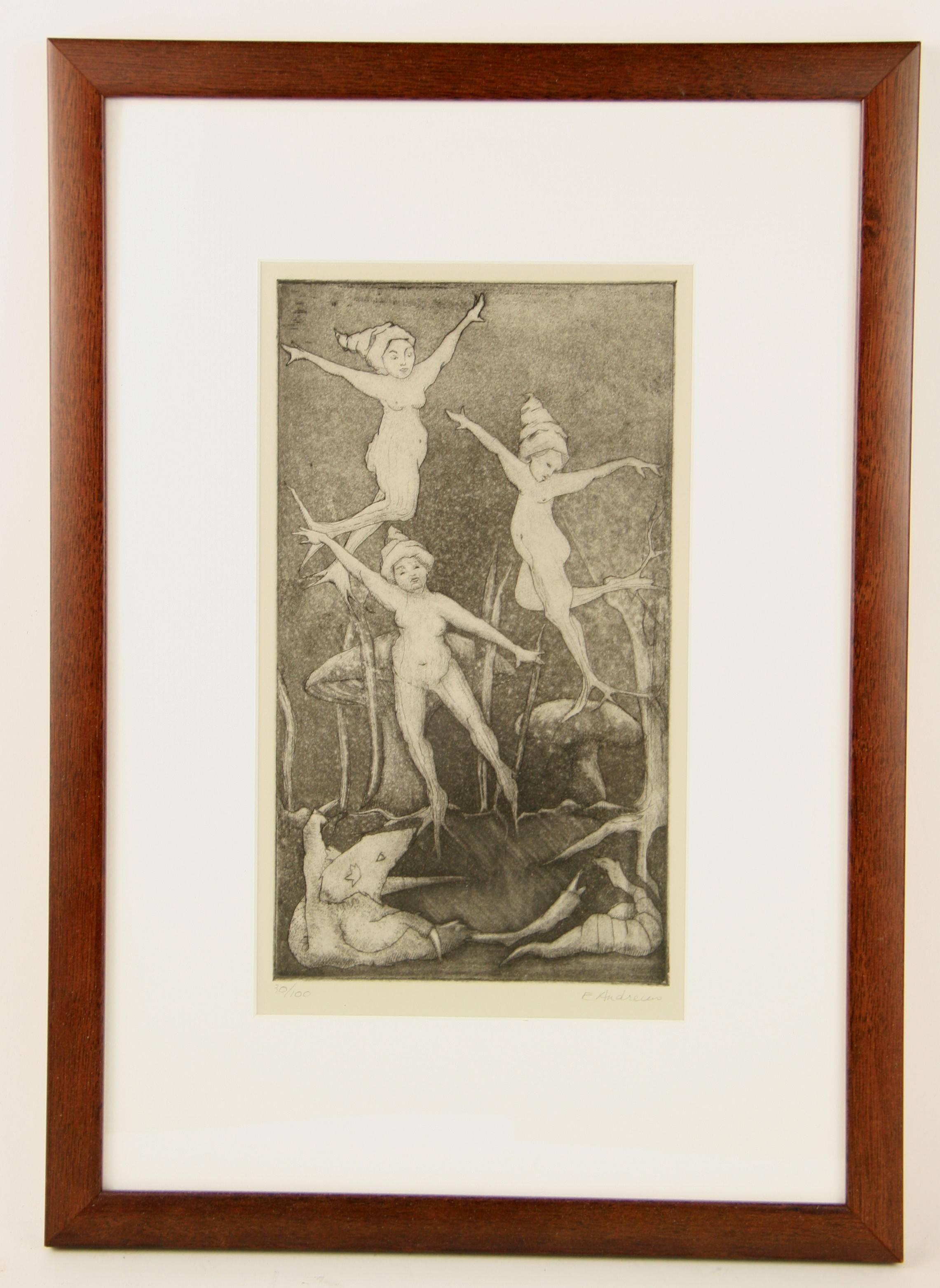 English Dancing Mythical Fairies  Abstract  Figurative Engraving - Print by Unknown