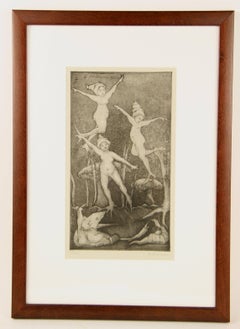 English Engraving of Abstract Putti Dancing in Forest, Signed 30/100