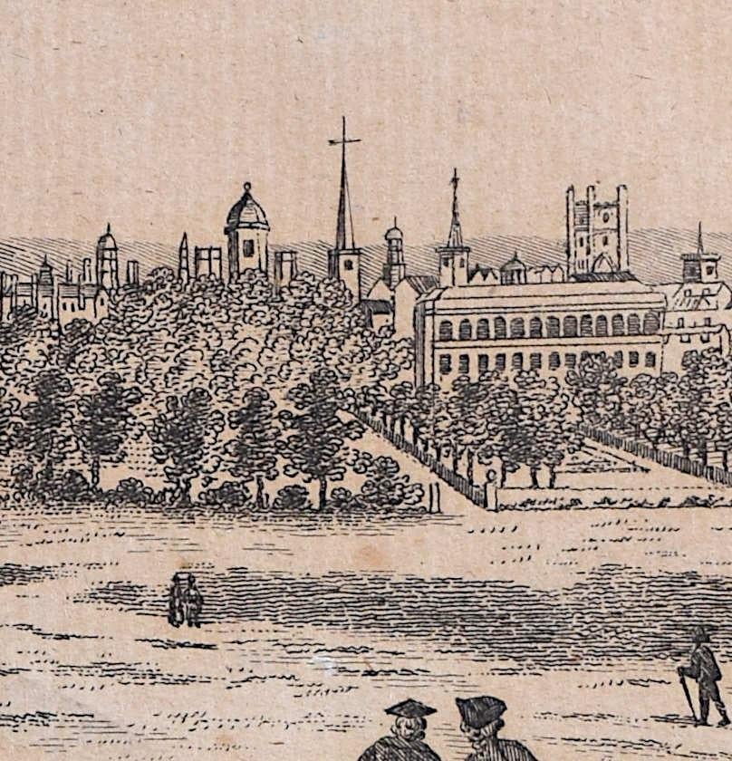 Engraved 18th century view of Cambridge - Beige Landscape Print by Unknown