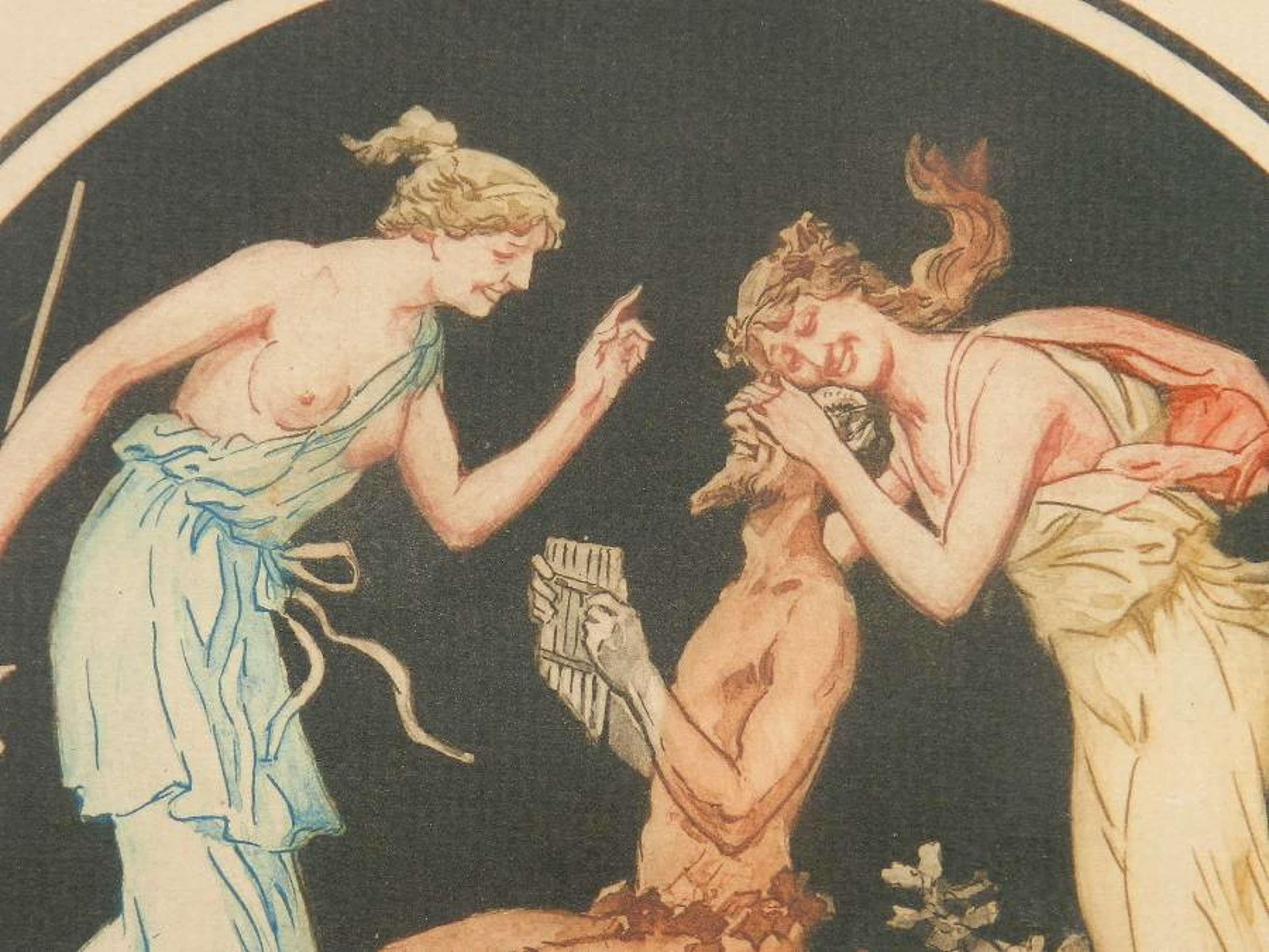 Engraving Pan and Nymphs allegorical decorative,
early 20th century French print after Jean Guillaume Moitte 1746-1810
Really charming color engraving
Will be sent with its original frame 
 