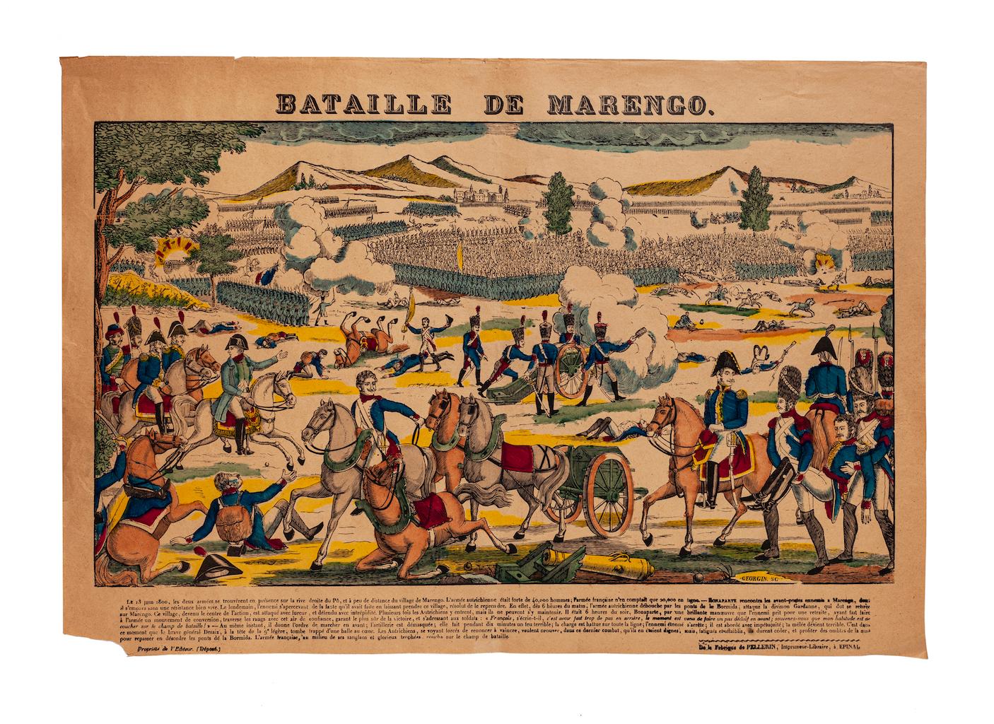 Bataille De Mareng: Originale handkolorierte Lithographie „Bataille De Mareng“, 19. Jahrhundert