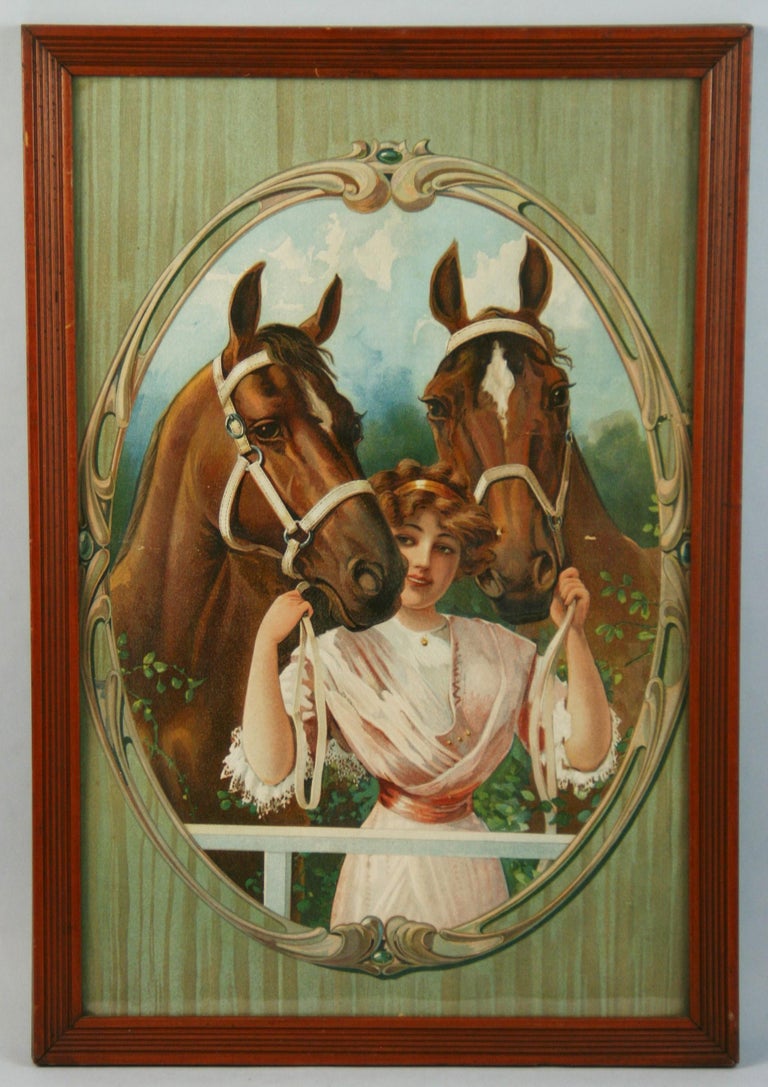 Equestrian  Chromolithograph Young Woman with Two Horses 1890 - Brown Animal Print by Unknown