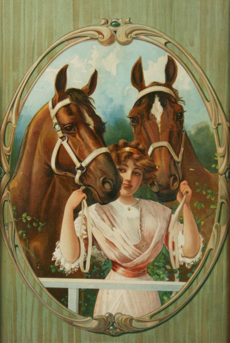Unknown Animal Print - Equestrian  Chromolithograph Young Woman with Two Horses 1890