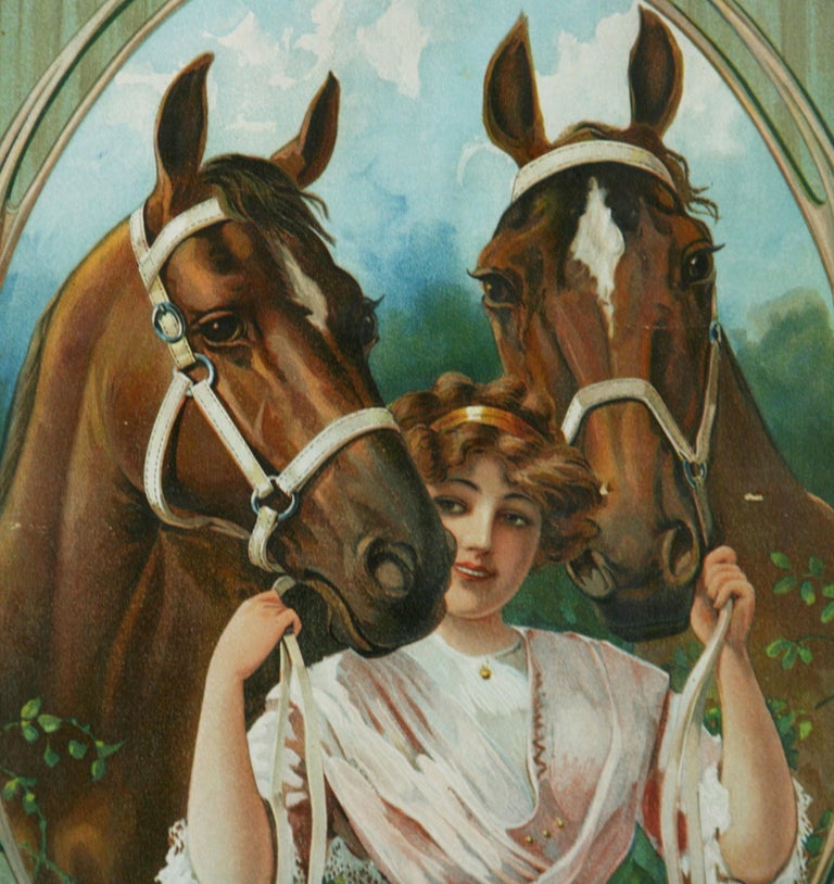 3880 Antique  Chromolithograph Young Woman with 2 horses