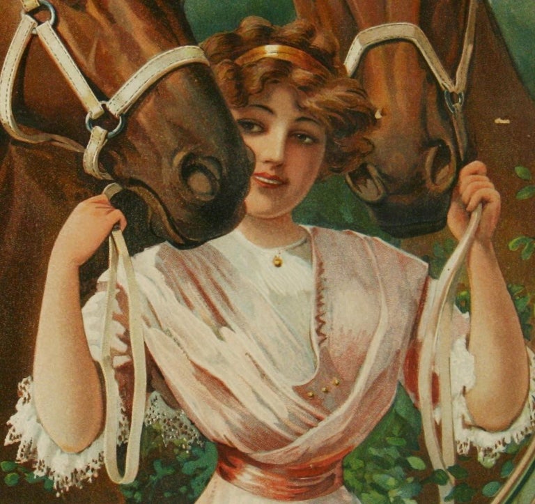 Equestrian  Chromolithograph Young Woman with Two Horses 1890 For Sale 1
