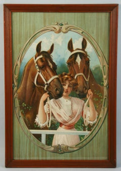 Equestrian  Chromolithograph Young Woman with Two Horses 1890