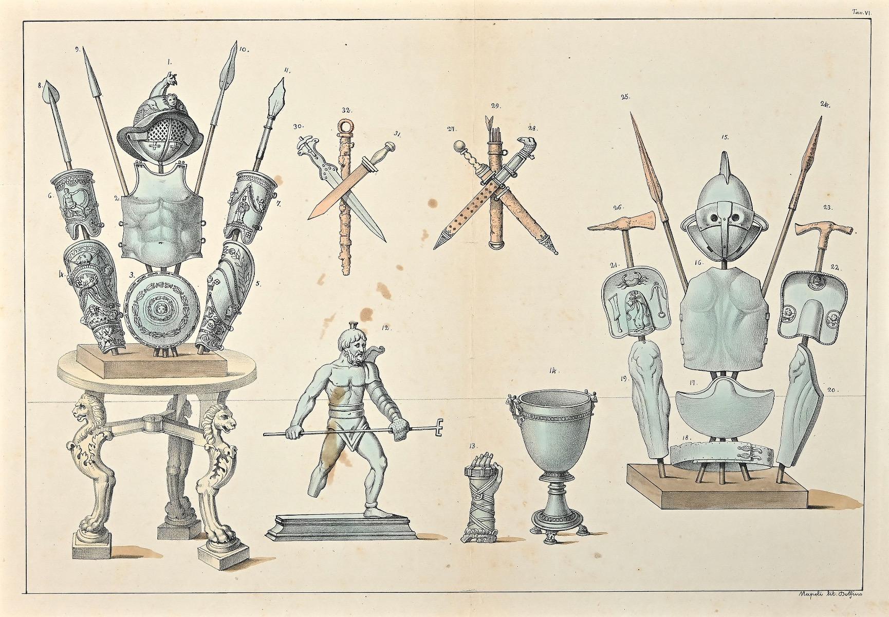 Unknown Figurative Print - Equipment for Gladiators - Lithograph - 19th Century