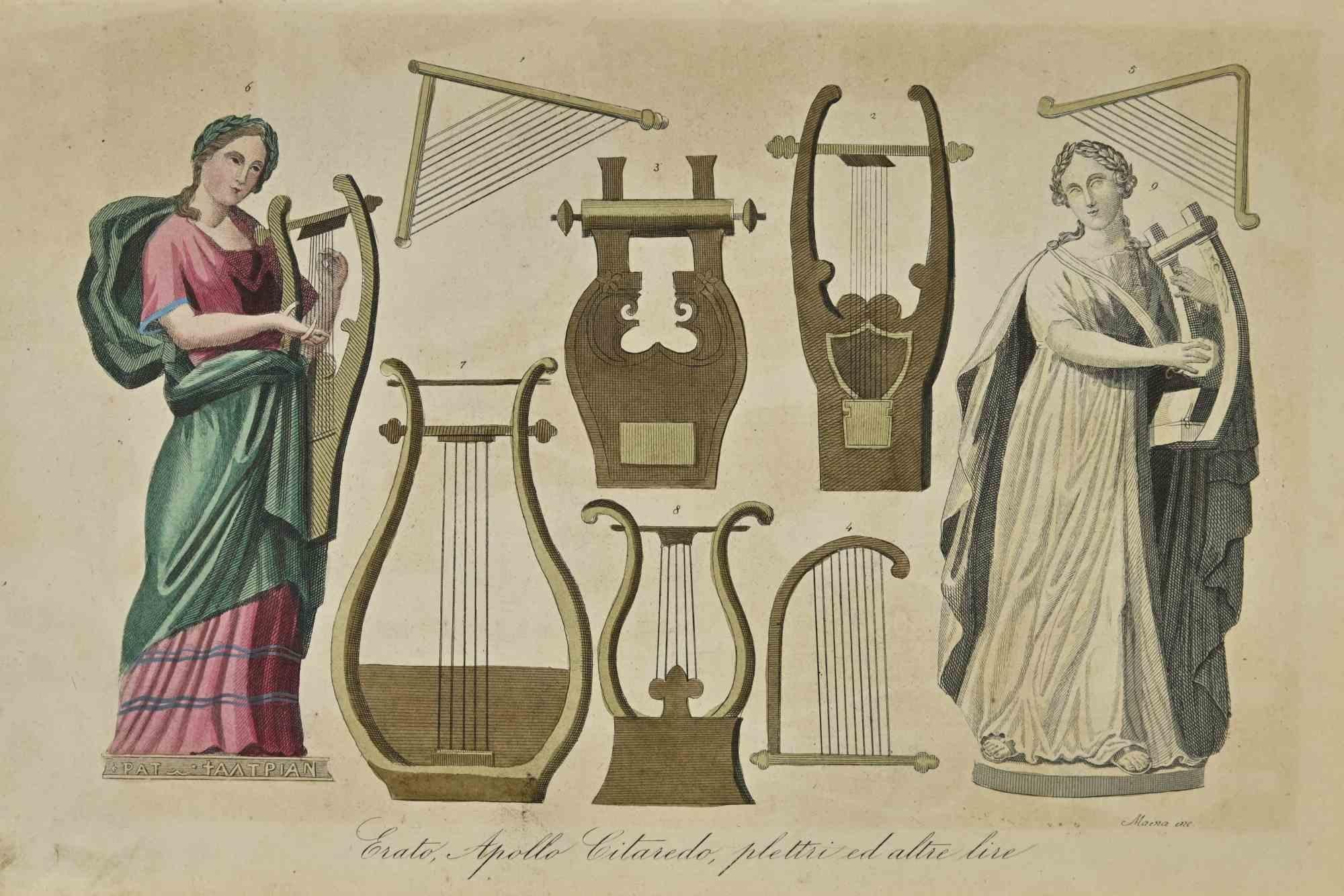 Unknown Figurative Print – Erato, Apollo Citaredo, Lithographie - Lithographie - 1862