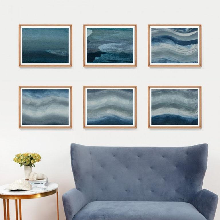 Part of our modern abstract collection, these are new printed calming landscapes that are light shades of blue and grey. Printed on a fine art, acid-free paper. Framed with a 1