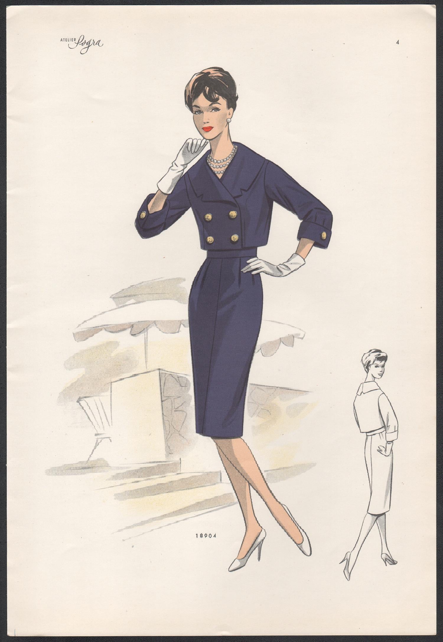 Figurative Print de Unknown - Diseño de moda europeo de mediados de siglo de 1959 Impresión litográfica vintage