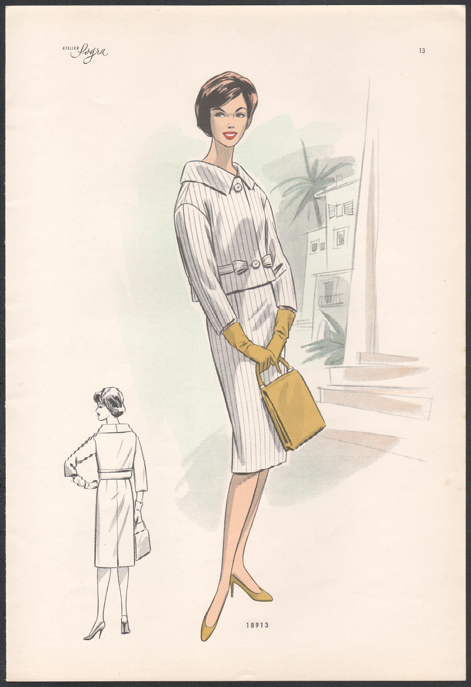 Figurative Print de Unknown - Diseño de moda europeo de mediados de siglo de 1959 Impresión litográfica vintage