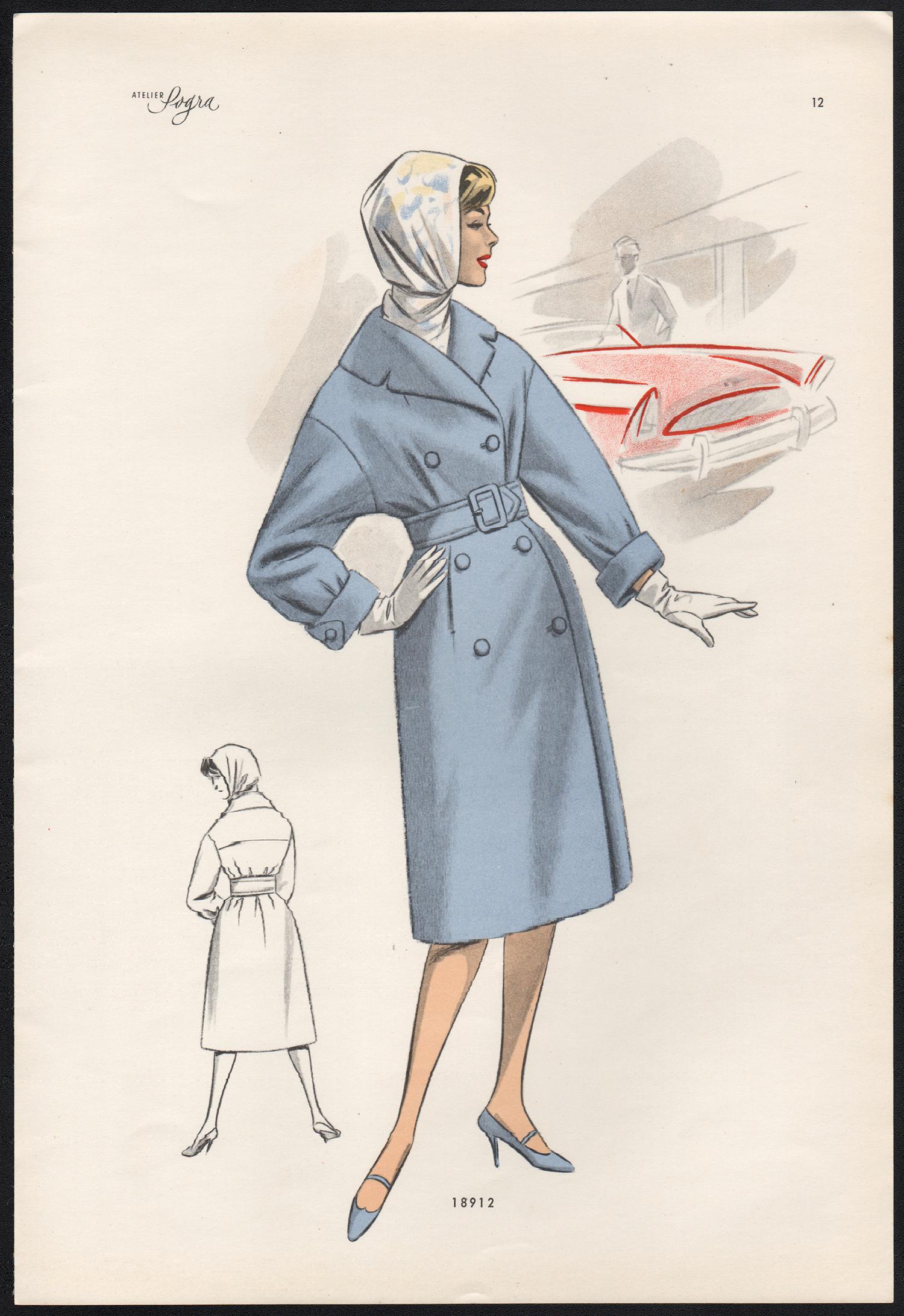 Figurative Print de Unknown - Diseño de moda europeo de mediados de siglo de 1959 Impresión litográfica vintage