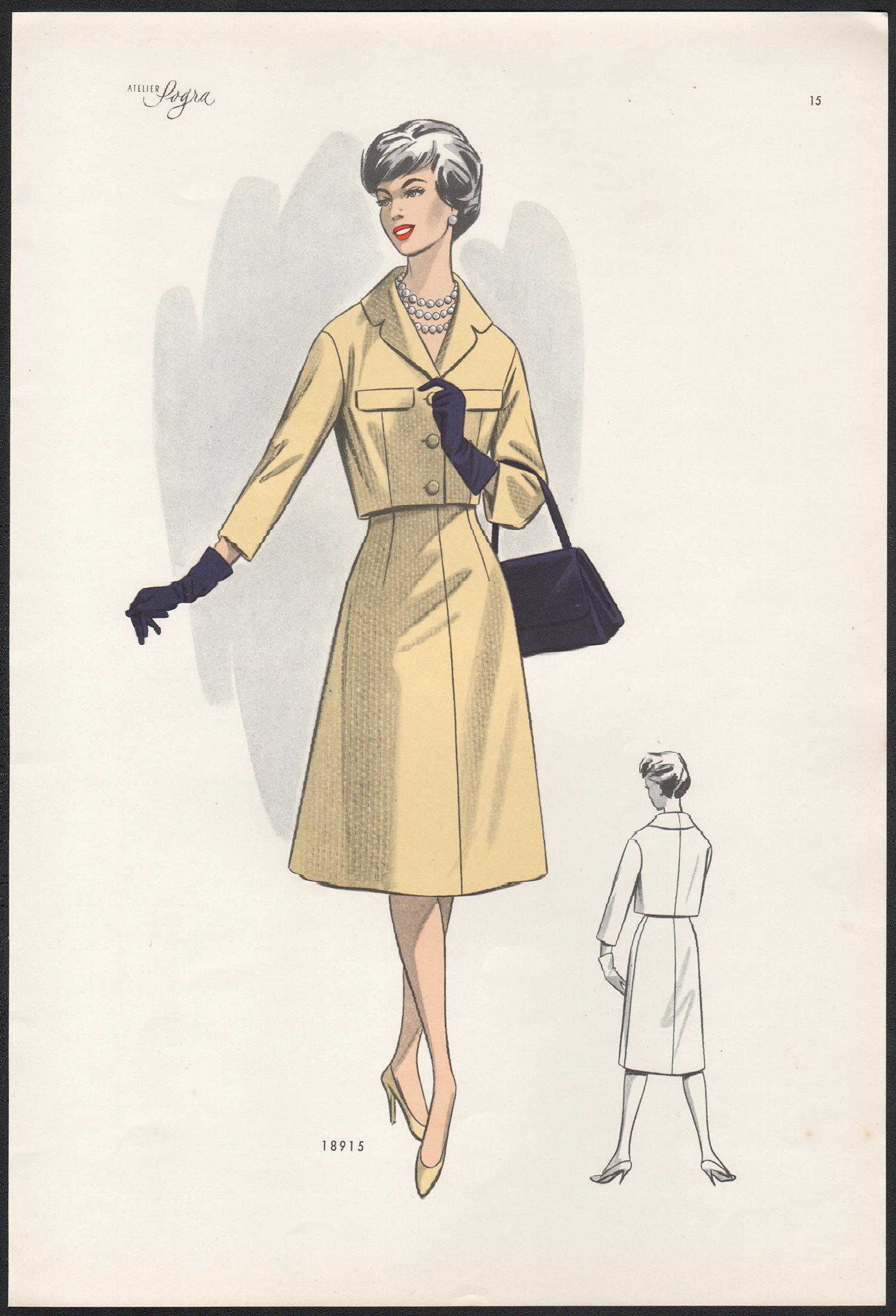 Unknown Figurative Print – Europäische Mitte des Jahrhunderts 1959 Mode Design Vintage Lithographie Druck