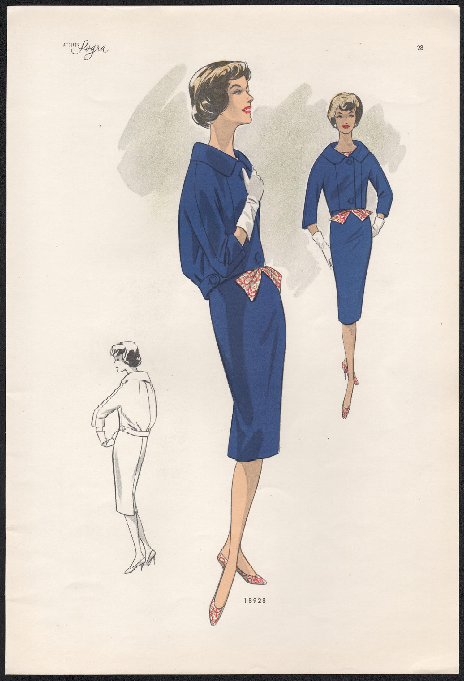 European Mid-Century 1959 Fashion Design Vintage Lithograph Print