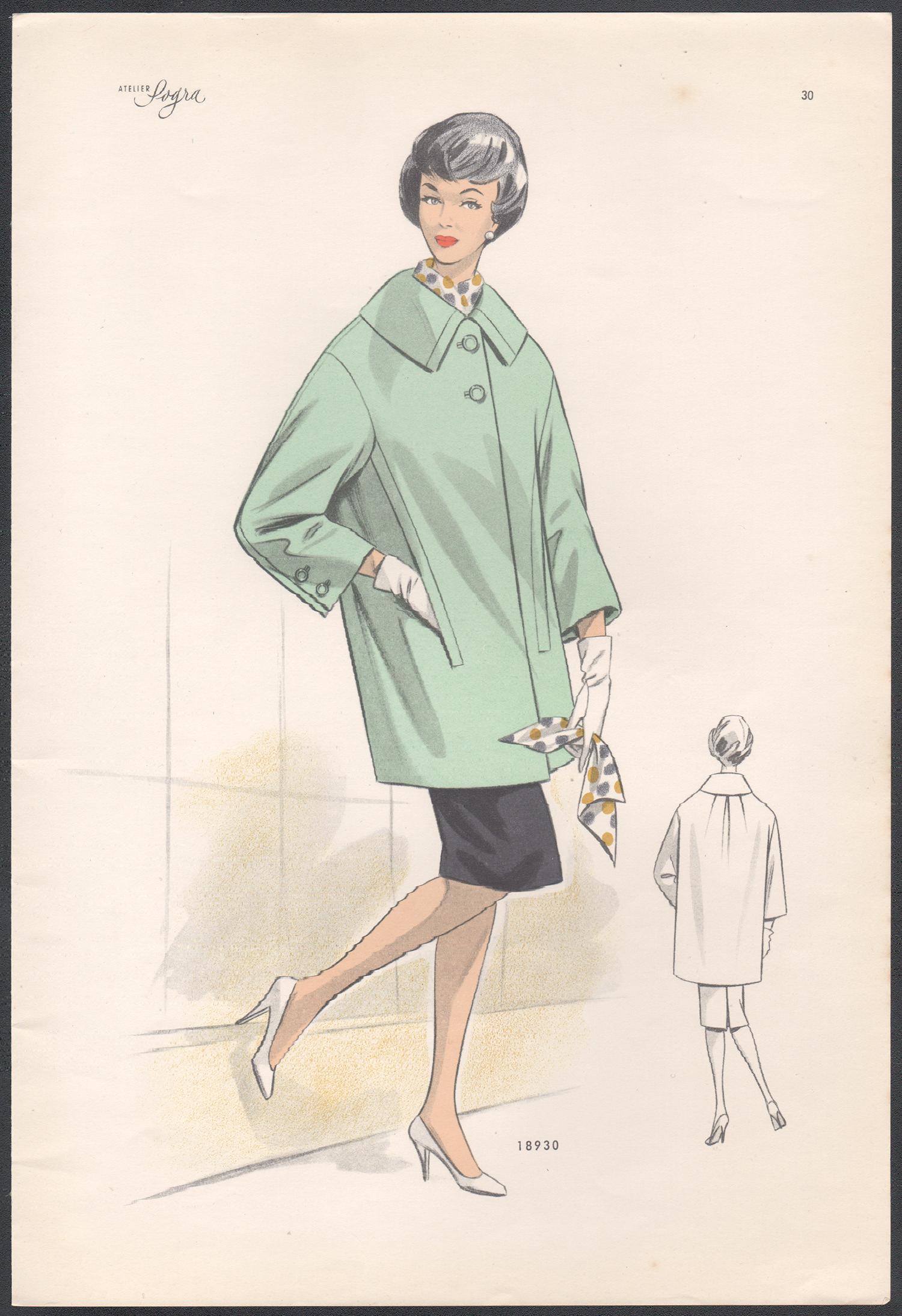 Figurative Print de Unknown - Diseño de moda europeo de mediados de siglo de 1959 Impresión litográfica vintage