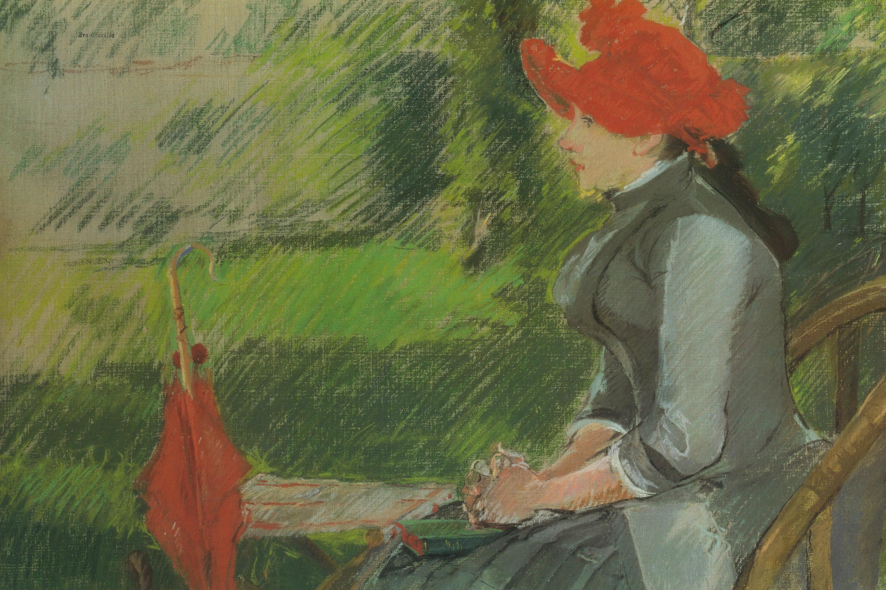 Cartel de exposición original creado para la muestra Mujeres Impresionistas celebrada en la Academia de Bellas Artes, Museo Marmottan, París, en 1993. El cartel presenta Lectura en el jardín, de Eva Gonzalès, una de las pintoras más refinadas y