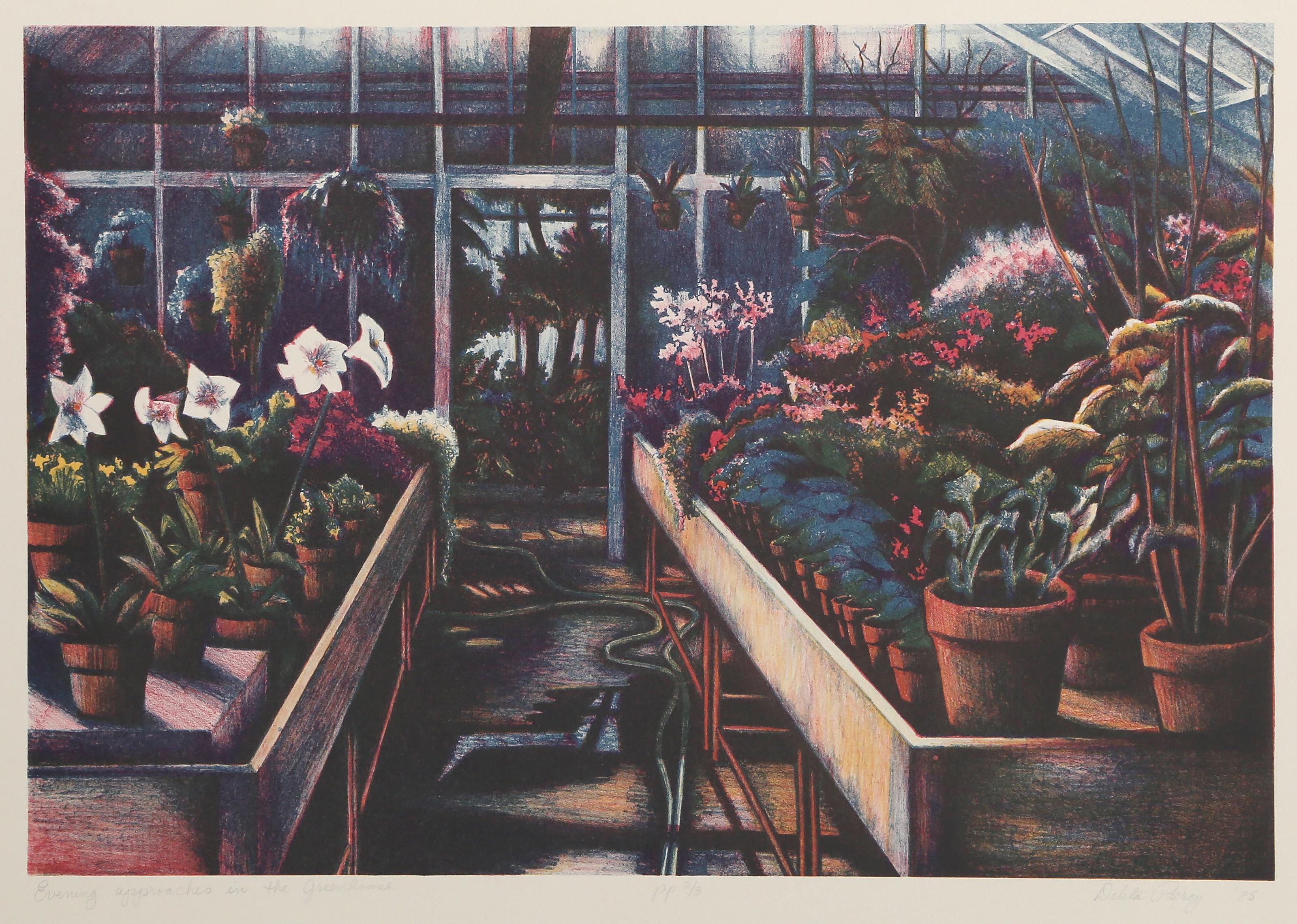 Unknown Still-Life Print - Evening Approaches In The Greenhouse, Photorealist Lithograph by Delita Piercy