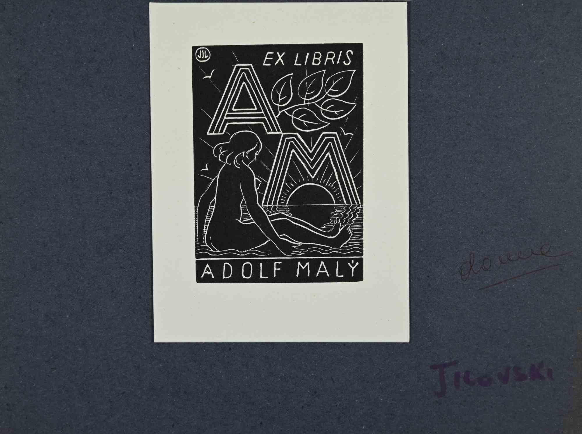 Unknown Figurative Print – Ex-Libris – Adolf Maly – Holzschnitt – Mitte des 20. Jahrhunderts