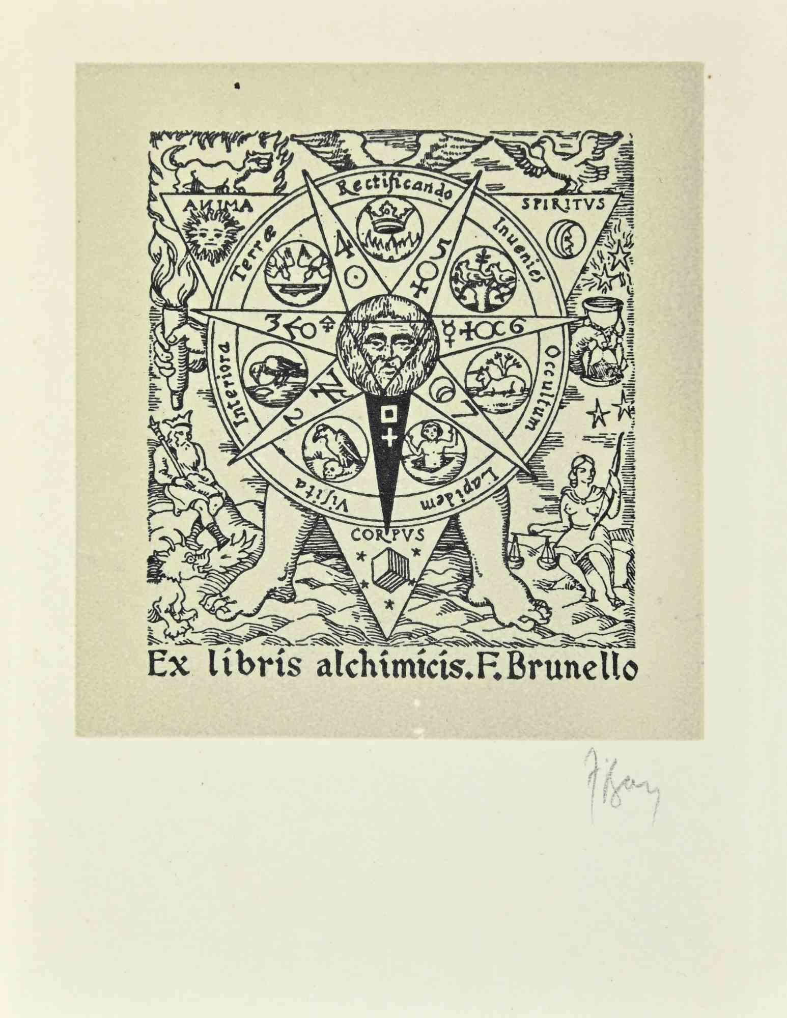 Unknown Figurative Print - Ex Libris - Alchimis.F.Brunello - Woodcut - Mid 20th Century