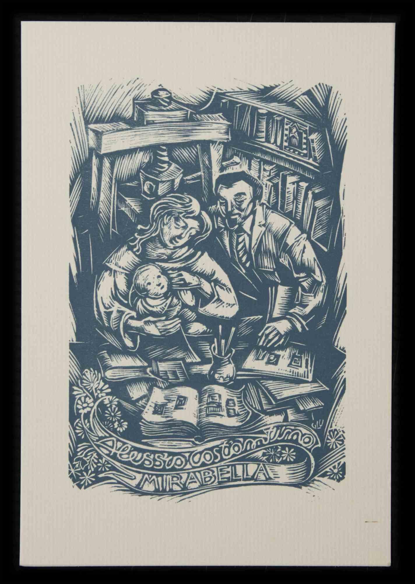 Unknown Figurative Print - Ex Libris Alessio Costantino Mirabella - Original Woodcut - 20th Century