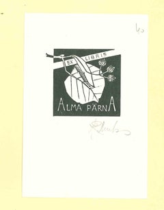 Vintage Ex Libris Alma Parna - Original Woodcut - 1940s