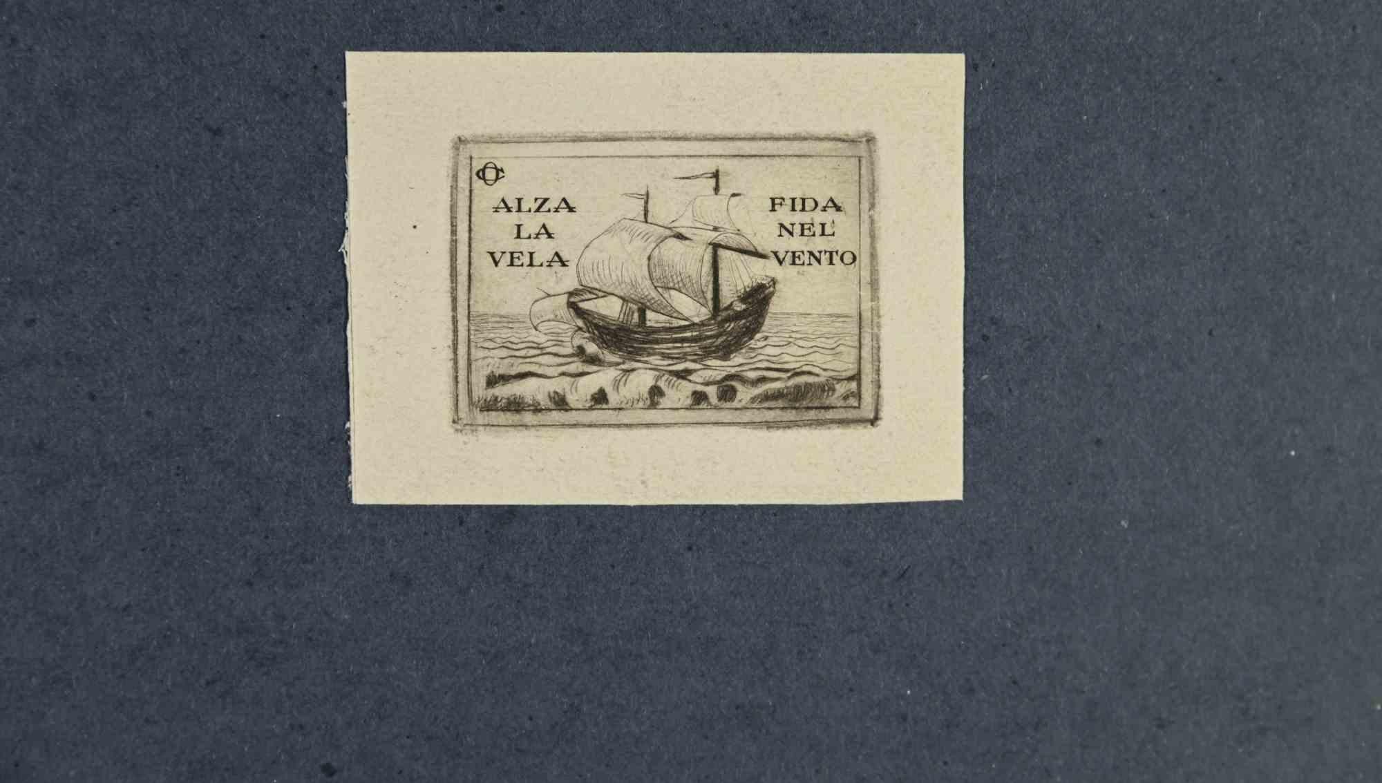 Unknown Figurative Print - Ex Libris - Alza la vela. Fida nel vento - Woodcut - Mid 20th Century