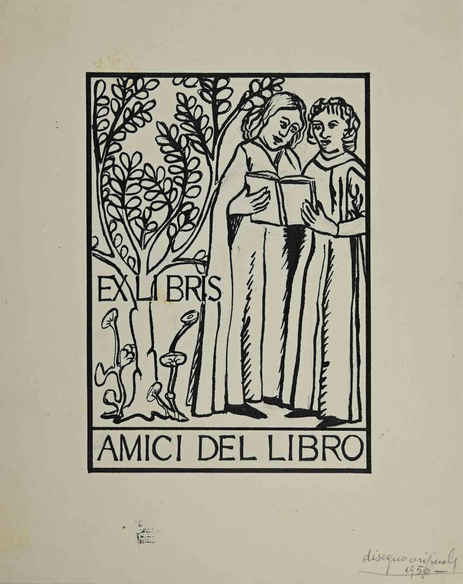 Unknown Figurative Print - Ex-Libris - Amici del Libro - woodcut - Mid 20th Century