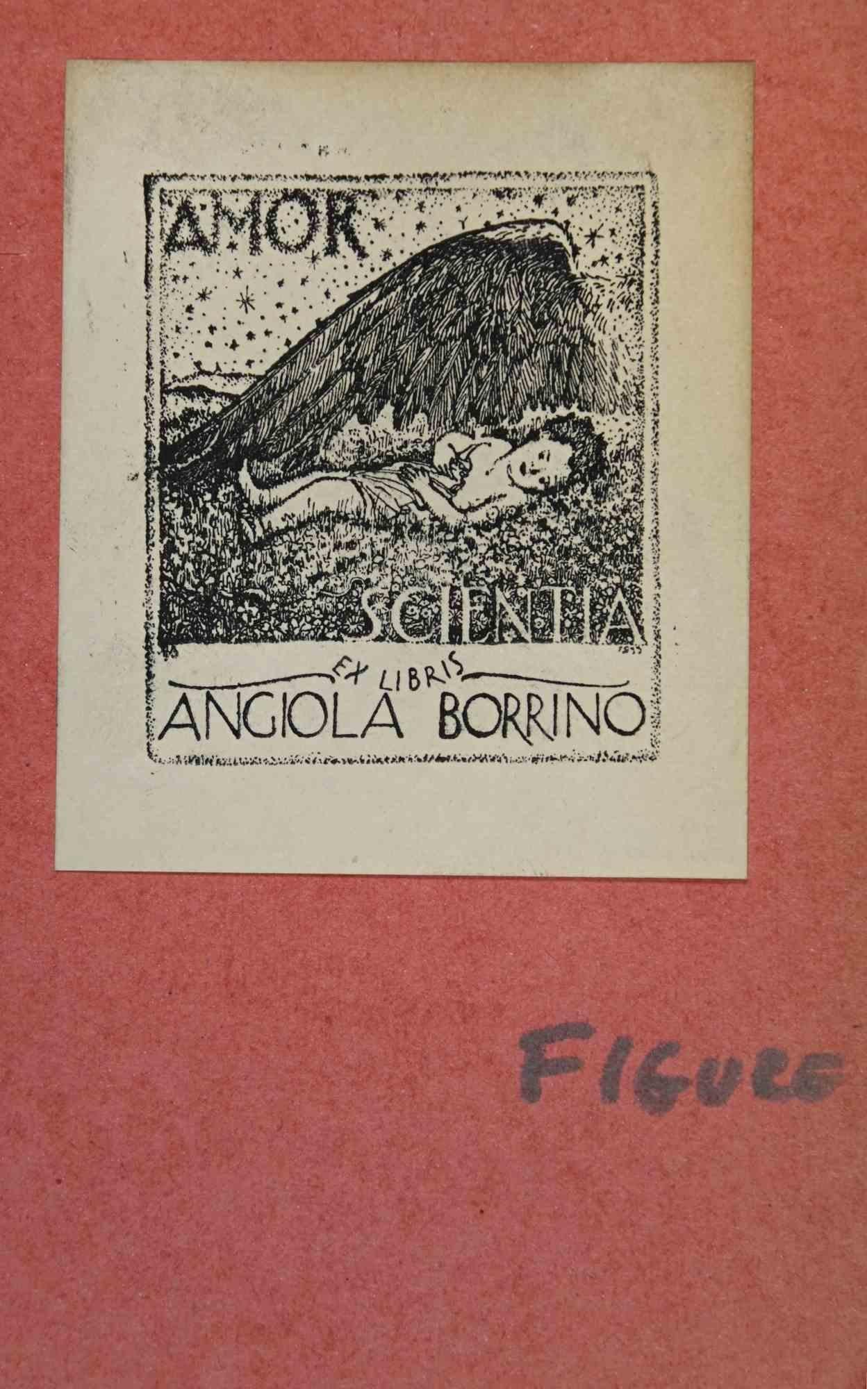 Unknown Figurative Print - Ex-Libris  - Angiola Borrino - woodcut - Mid 20th Century