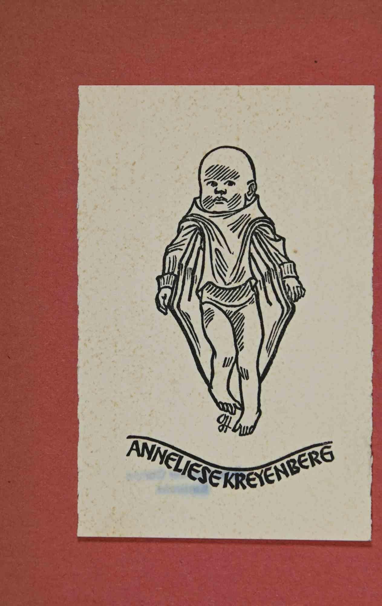 Unknown Figurative Print – Ex-Libris  - Anneliesekreyenberg - Holzschnitt - Mitte des 20. Jahrhunderts