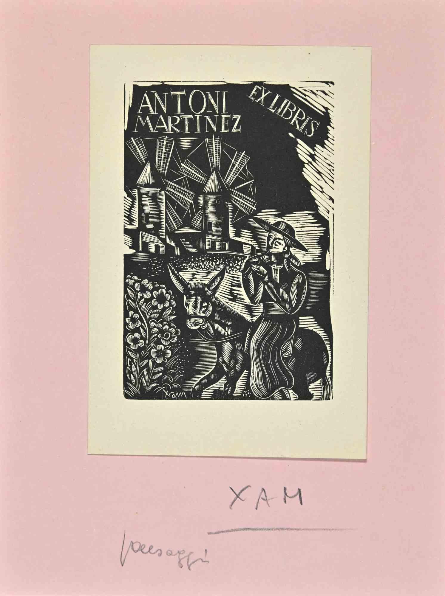 Unknown Figurative Print – Ex Libris - Antoni Martinez - Holzschnitt - Mitte des 20. Jahrhunderts