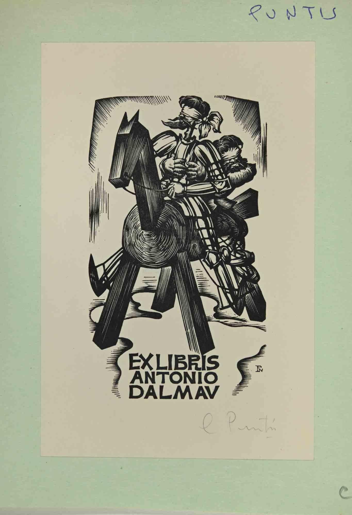 Unknown Figurative Print - Ex-Libris - Antonio Dalmav - woodcut - Mid 20th Century