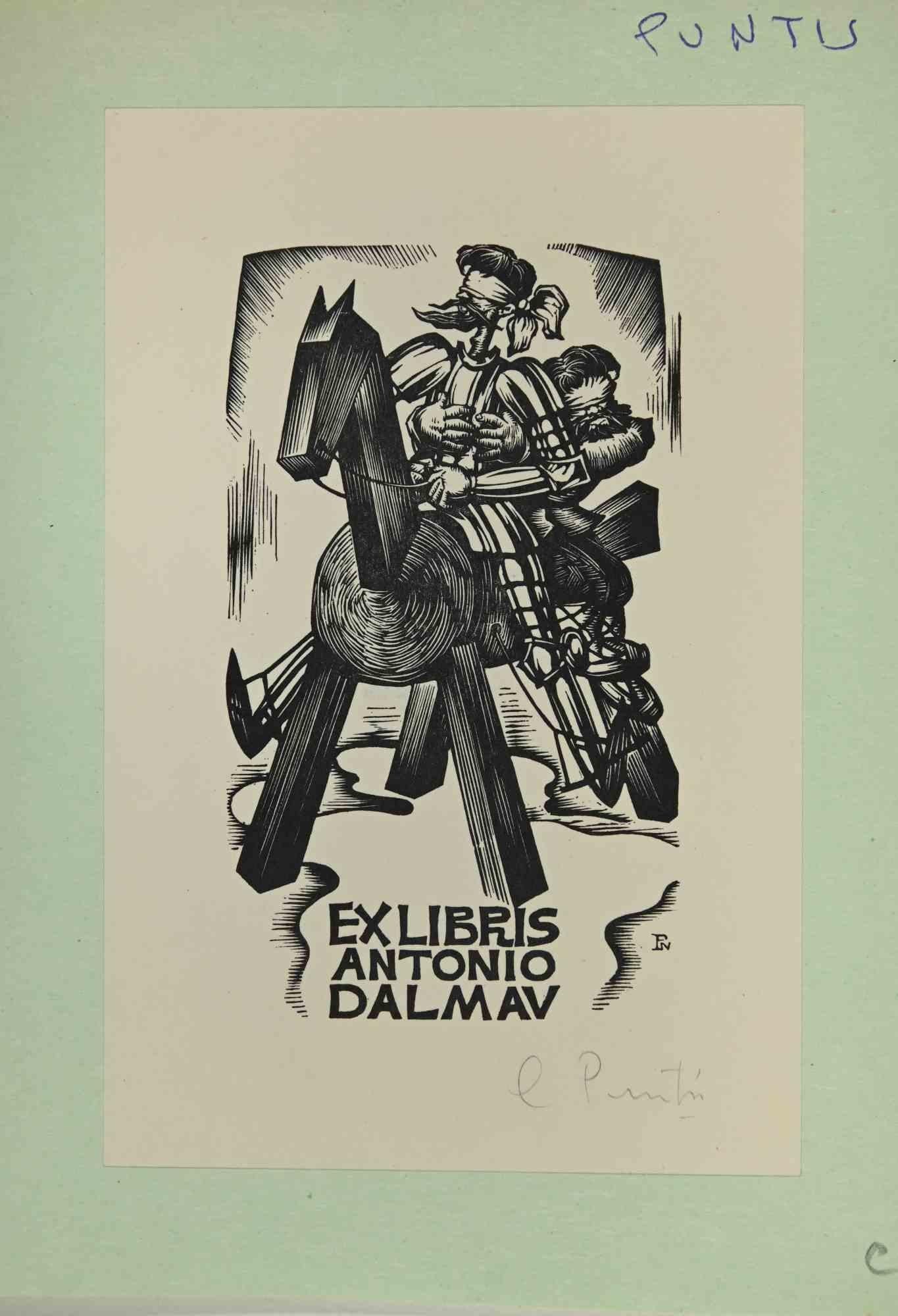 Unknown Figurative Print – Ex-Libris – Antonio Dalmav – Holzschnitt – Mitte des 20. Jahrhunderts