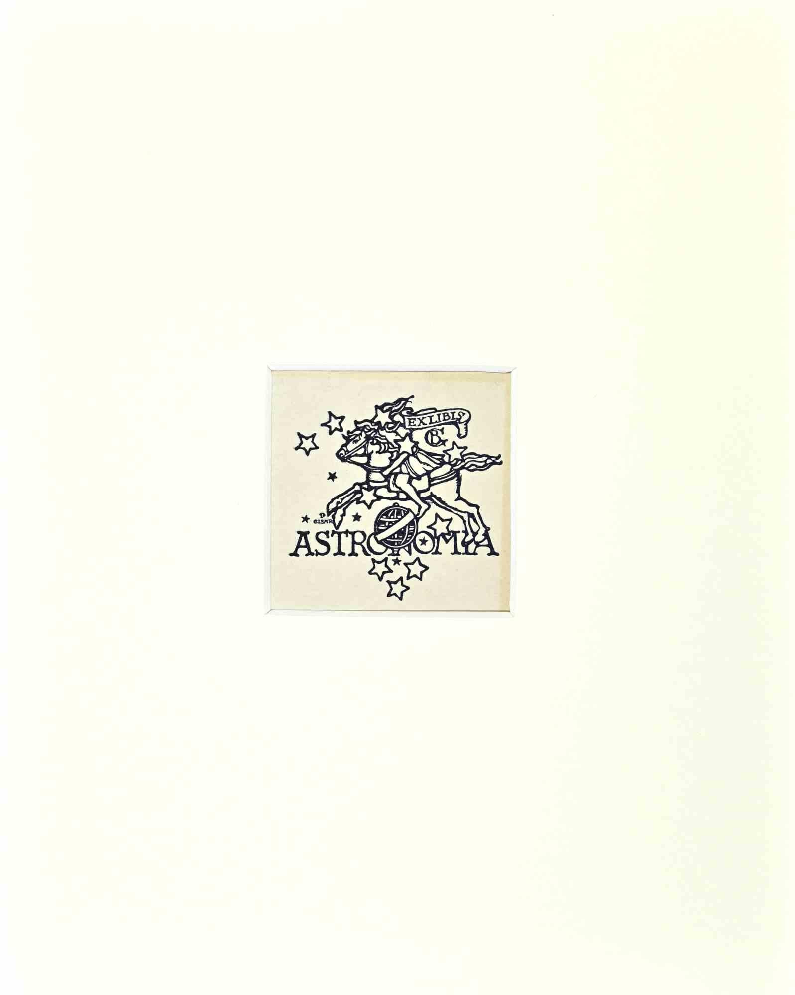 Figurative Print Unknown - Ex Libris  - Astronomia - Gravure sur bois - Milieu du XXe siècle