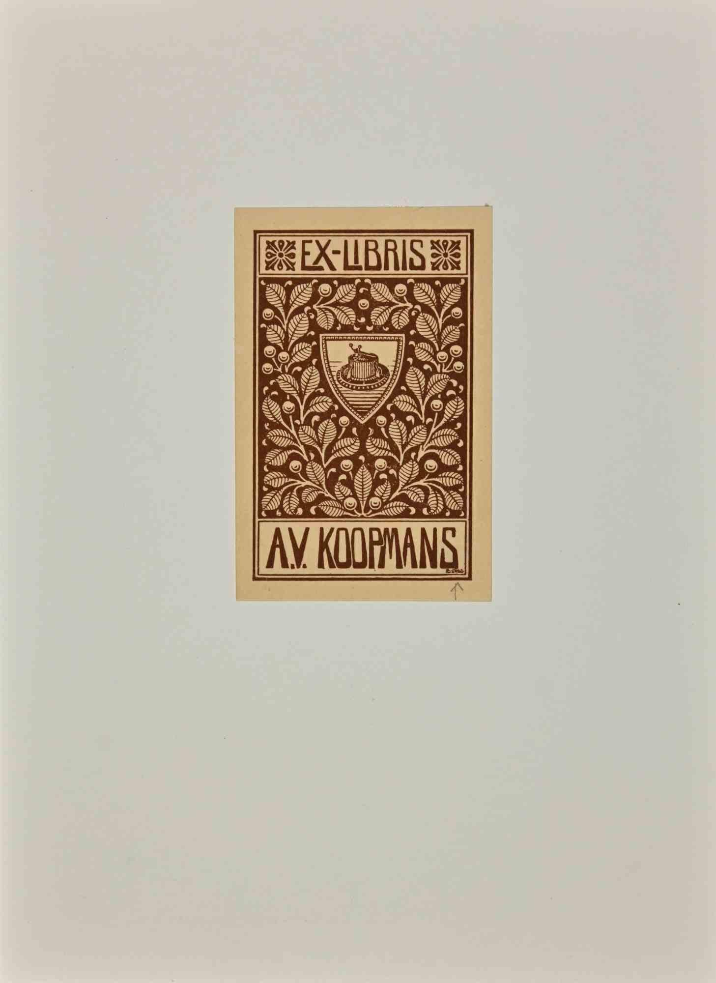 Unknown Figurative Print – Ex Libris – A.V. Koopmans – Holzschnitt – Mitte des 20. Jahrhunderts