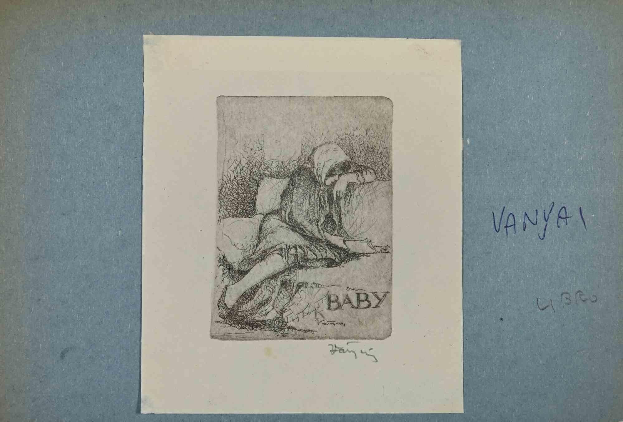 Unknown Figurative Print - Ex-Libris - Baby - woodcut - Mid 20th Century