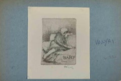 Vintage Ex-Libris - Baby - woodcut - Mid 20th Century