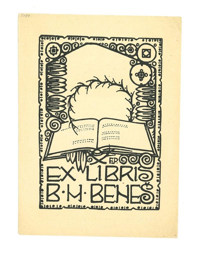 Unknown Figurative Print – Ex Libris Benes – Holzschnittdruck – Mitte des 20. Jahrhunderts