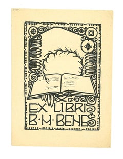 Vintage Ex Libris Benes - Woodcut Print - Mid-20th Century