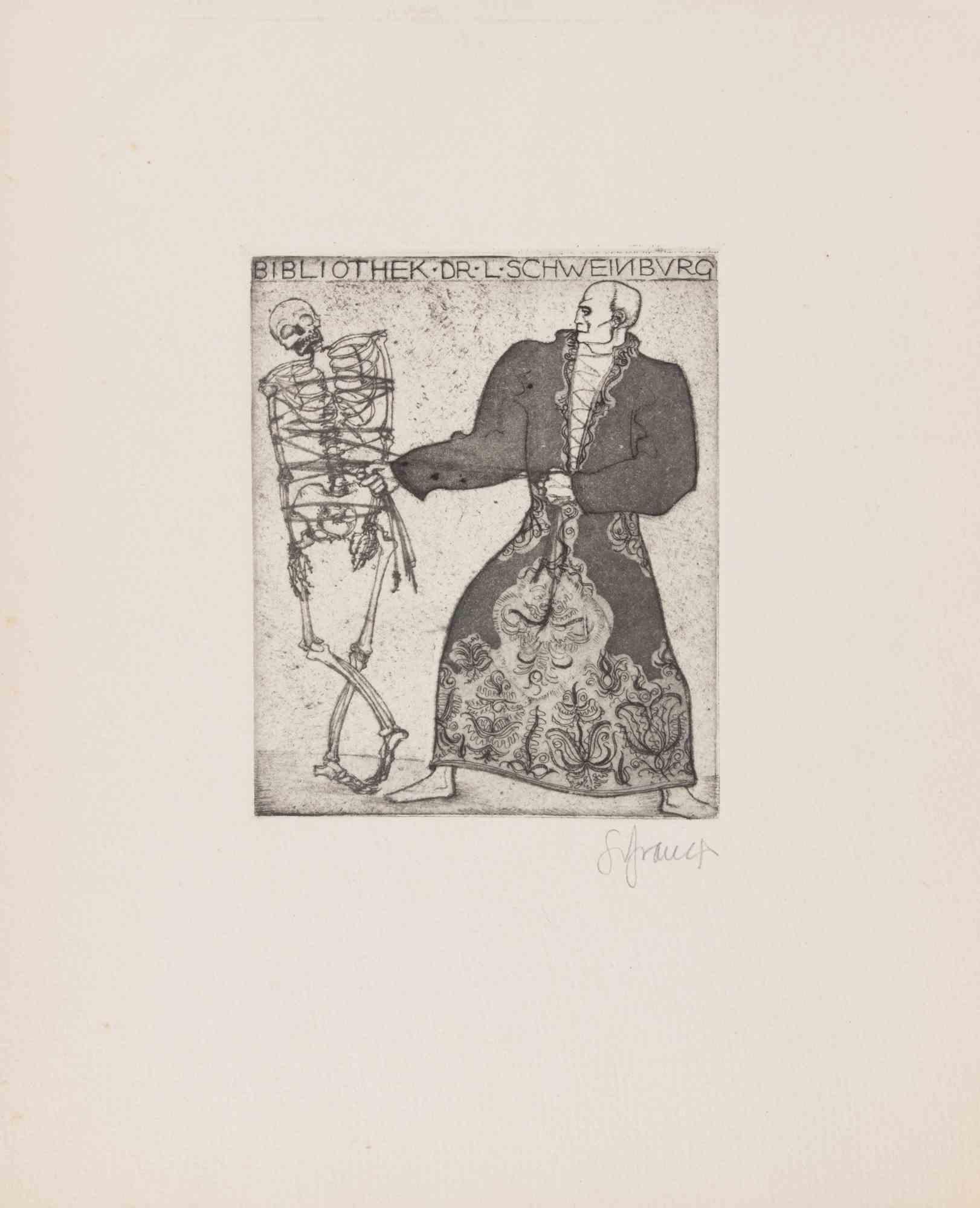 Figurative Print Unknown - Ex Libris Bibliothek dr. L. Schweinburg - Gravure - Années 1920