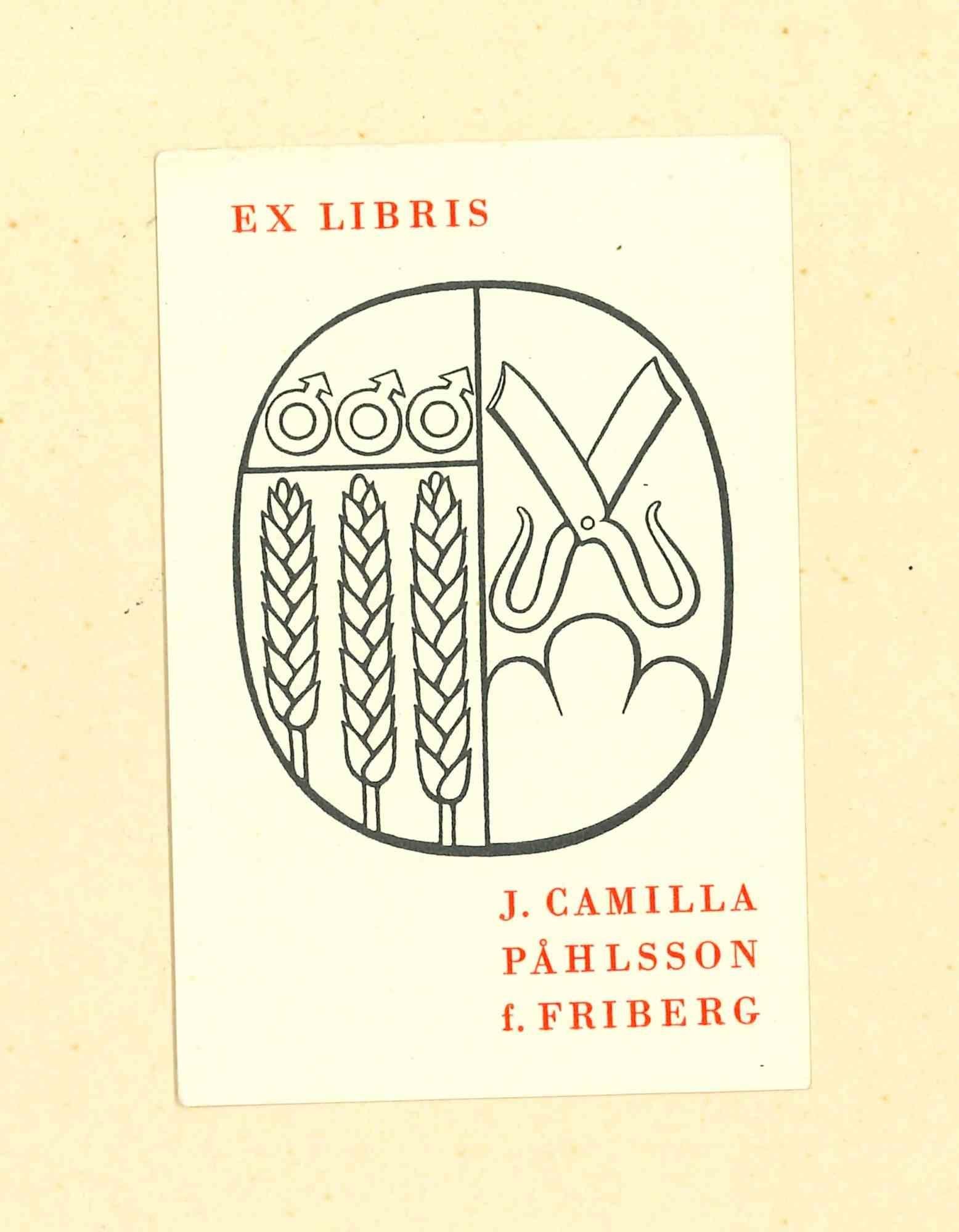 Unknown Figurative Print - Ex Libris Camilla Friberg - Original Woodcut - Mid-20th Century