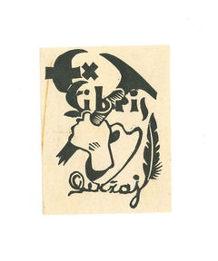 Vintage Ex Libris Cerzaj - Woodcut Print - Mid-20th Century